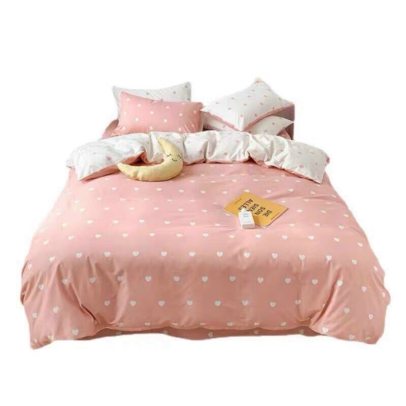 Trọn Bộ 4 Món Thương Hiệu 🌸EVILY🌸 Chăn Ga Gối Mền Cotton Poly-Mẫu TIM TRẮNG HÔNG Siêu Xinh Và Dễ Thương