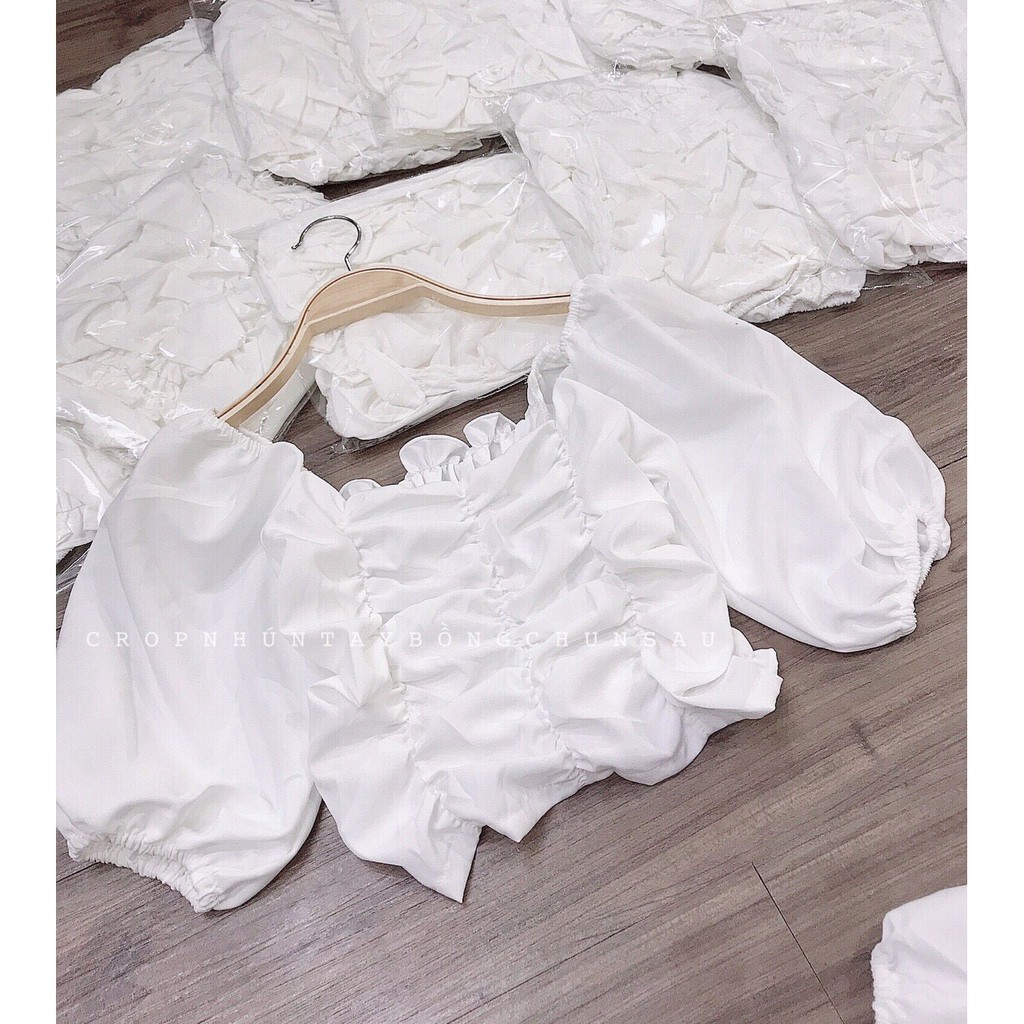 ÁO KIỂU CROPTOP CHUN NGỰC TAY PHÔNG ULZZANG MẶC 2 KIỂU MÀU TRẮNG ULZZANG