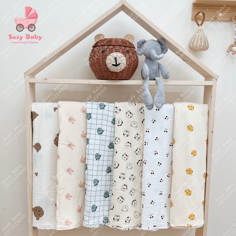 Khăn tắm, chăn xô nhăn mipbi hoạ tiết - 100% COTTON, Suzy baby