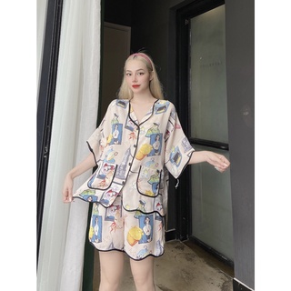 Đồ bộ mặc nhà 4sumi, bộ pijama nữ lụa mùa hè áo cánh dơi quần đùi form áo rộng thoải mái viền lại gợn sóng