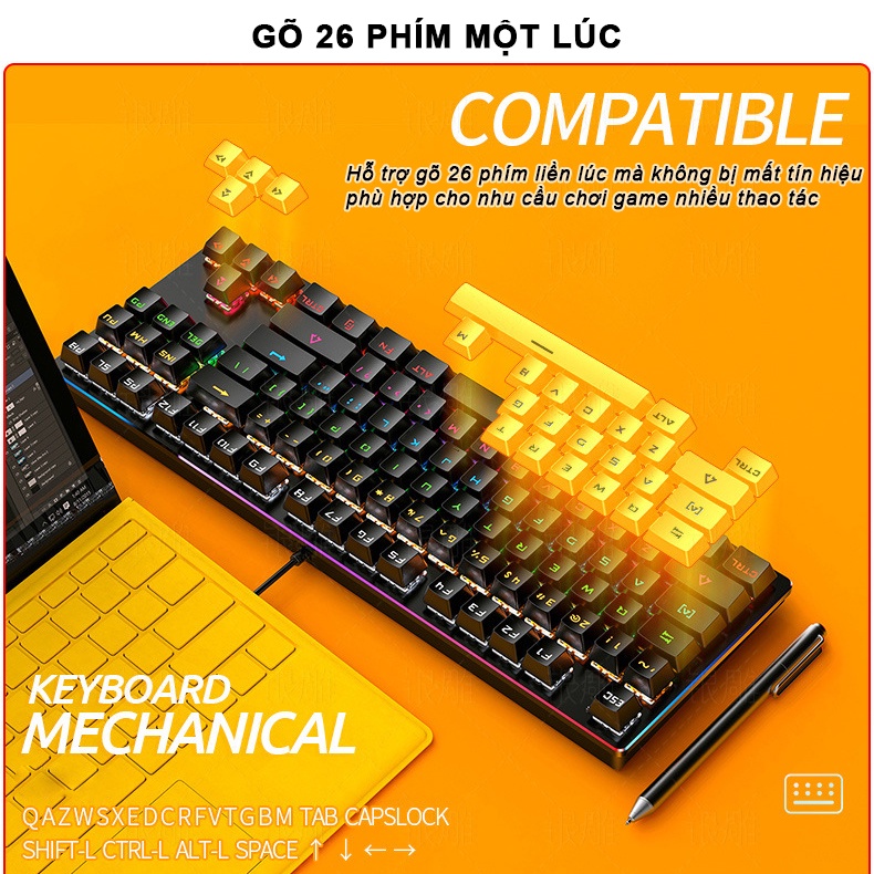 Bàn phím cơ gaming TKL 87 key mini SIDOTECH Blue Switch cảm giác bấm chơi game tốt có LED RGB 7 màu