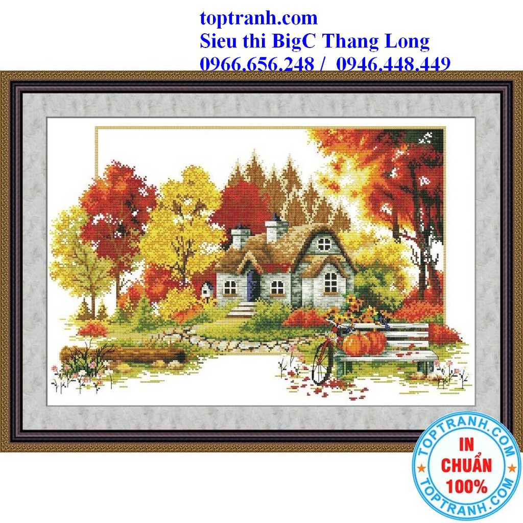 Tranh thêu chữ thập ngôi nhà mùa thu vàng F226  phong cảnh bé