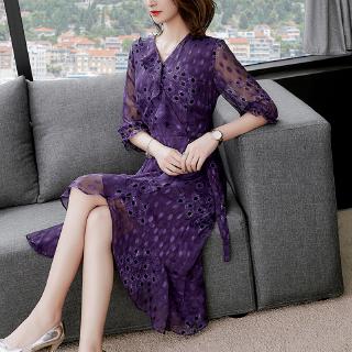 Đầm Voan Dài Cổ Chữ V In Họa Tiết Xinh Xắn Dành Cho Nữ
