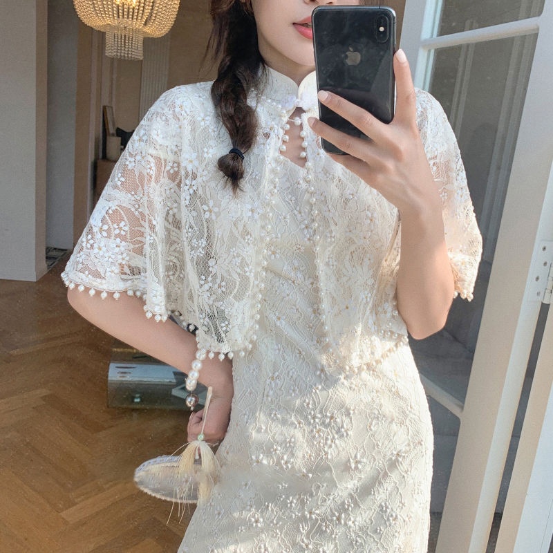Seto with the same style online celebrity pearl cheongsam shawl summer high-end women wear a foreign style with a skirt