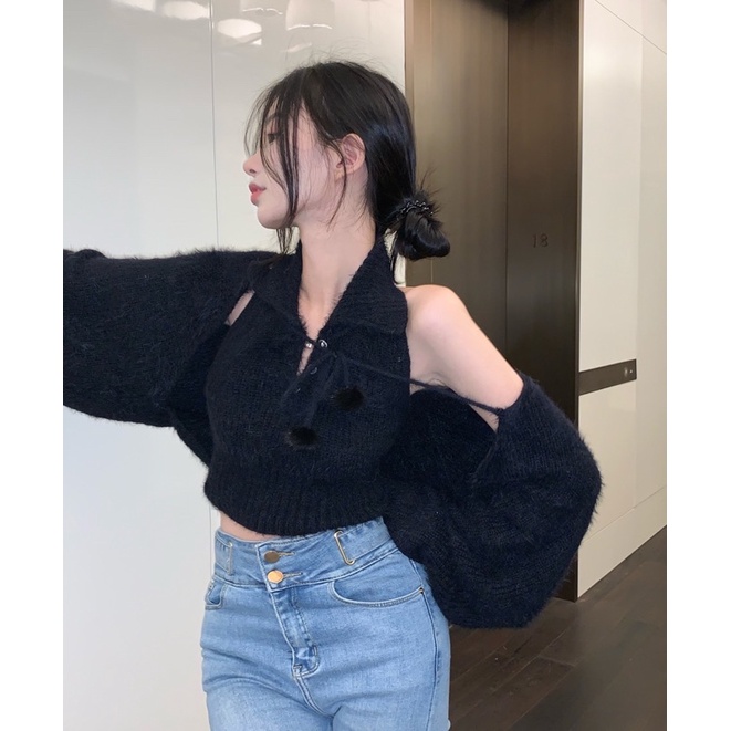 Sét áo len lông thỏ nữ hàng Quảng Châu mùa đông, set 2 món áo croptop và khoác ngoài phong cách Hàn Quốc 556 Kizoshop