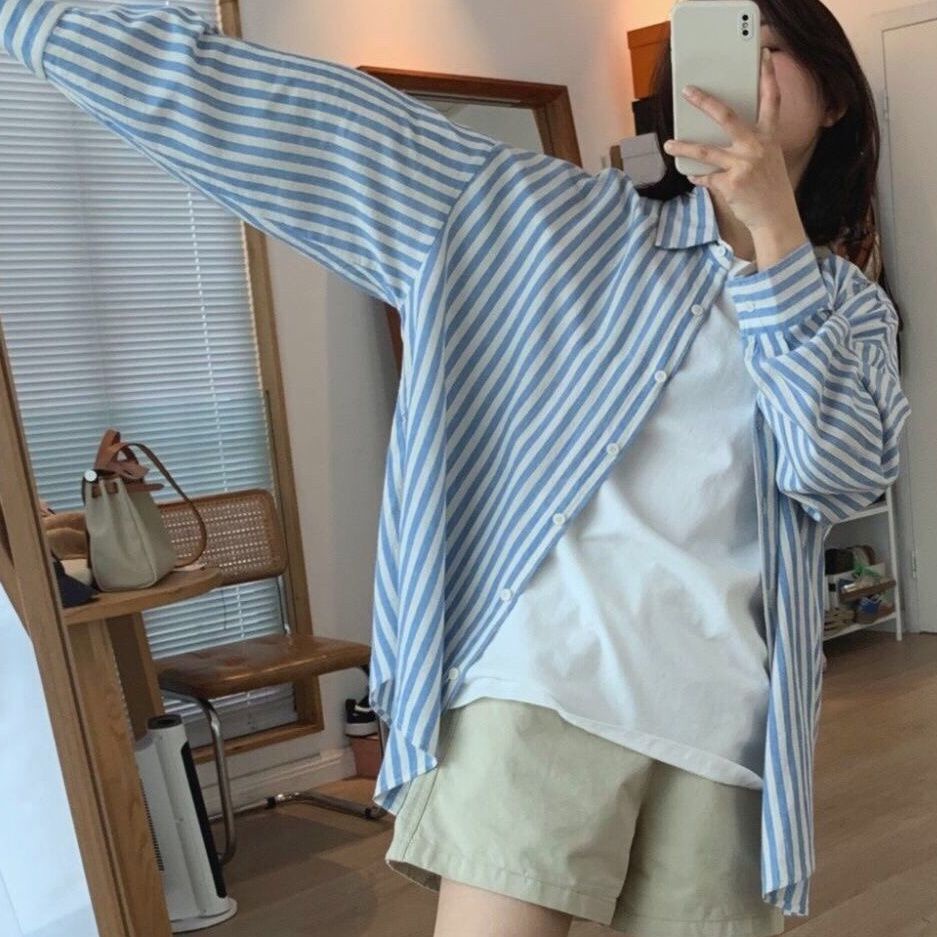 Áo Sơ Mi Dài Tay Họa Tiết Kẻ Sọc Phong Cách Hàn Quốc Dành Cho Nữ