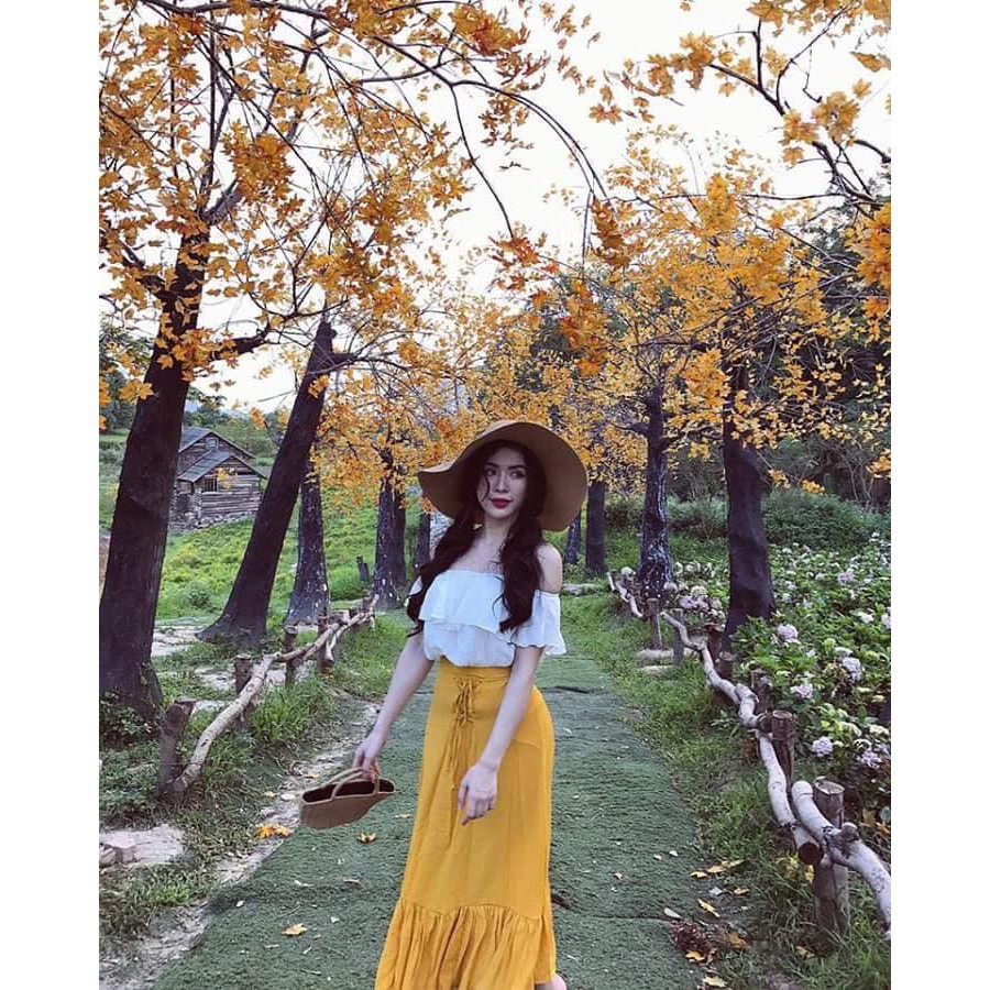 [ xả kho ] HS SET VÁY ĐŨI VÀNG KÈM ÁO TRỄ VAI (CAO CẤP)