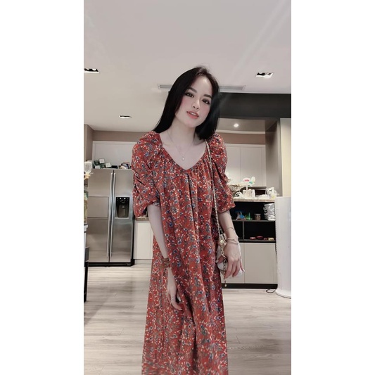 Váy hoa hồng dáng xuông cổ v nơ sau