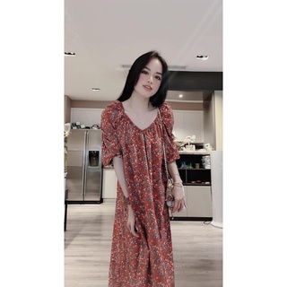 Váy hoa hồng dáng xuông cổ v nơ sau