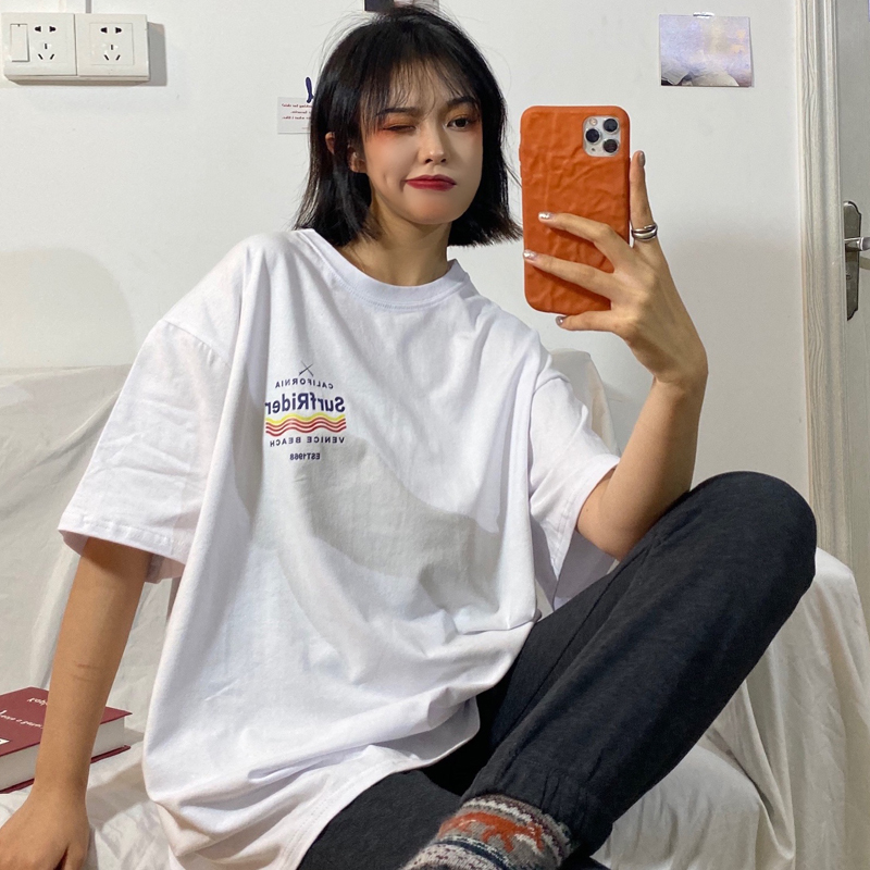 Áo thun tay ngắn dáng rộng in hình thời trang Hàn Quốc cá tính cho nữ