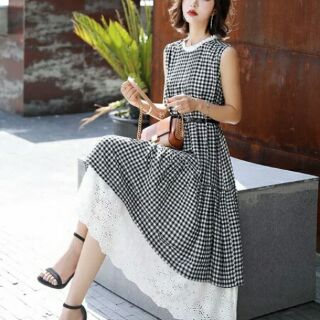 Váy maxi caro phối ren. Hàng đặt thiết kế