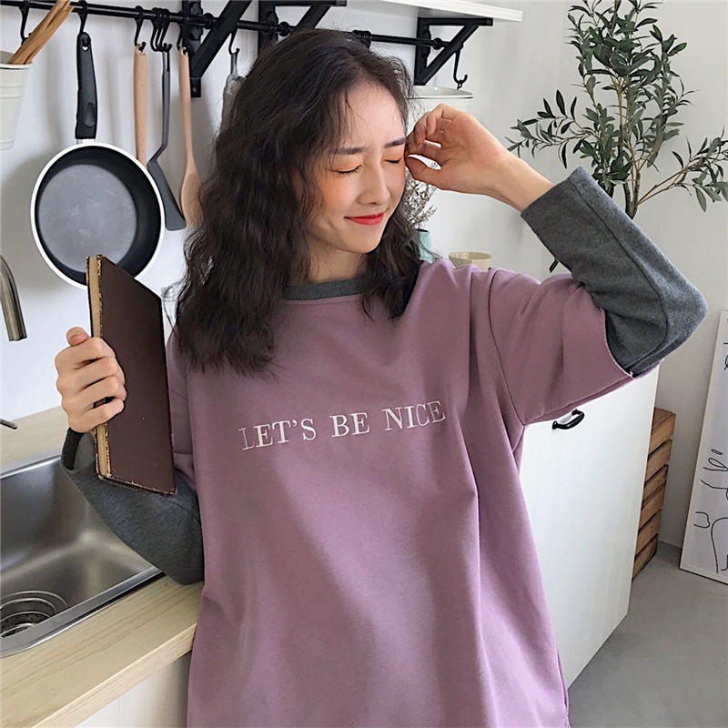 Áo Thun Tay Dài Giả Hai Lớp Dáng Rộng Phong Cách Hàn Quốc Thời Trang 2022 Cho Nữ