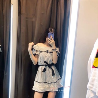 VÁY KẺ CỔ BÈO THẮT NƠ EO ZR(ẢNH THẬT)