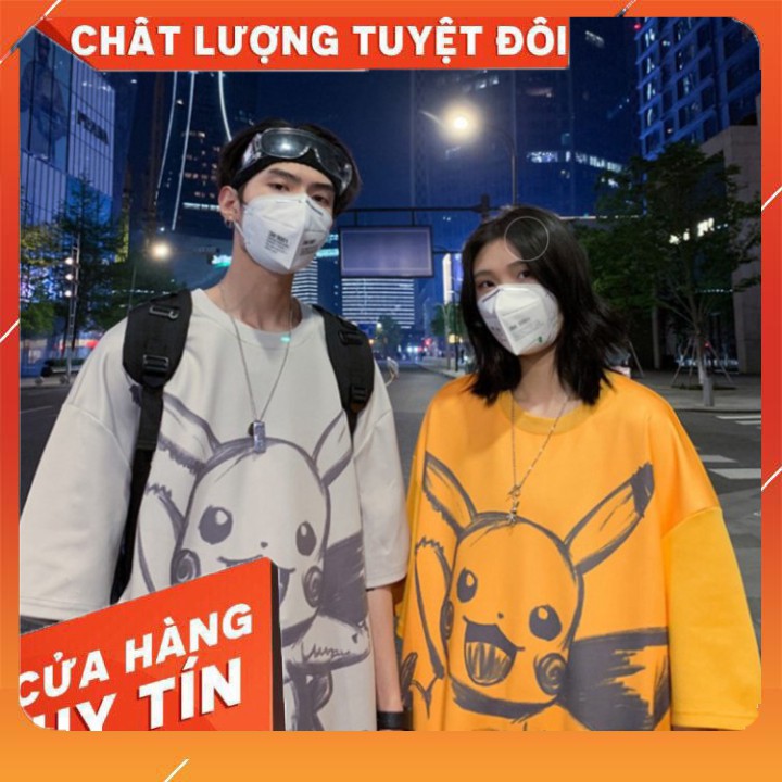 Áo thun tay lỡ nam nữ in hình pikachu siêu hot