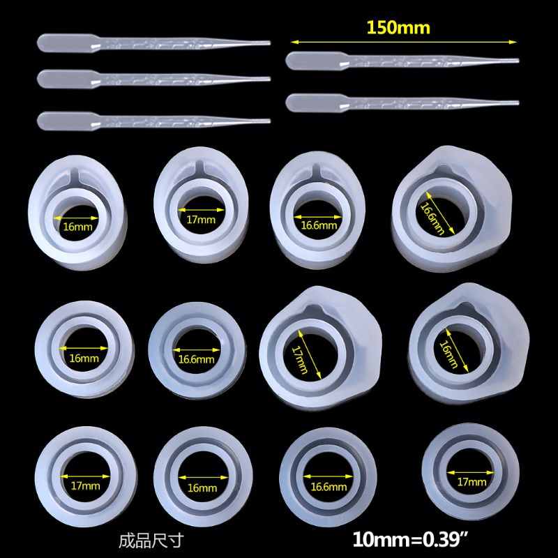 Set khuôn silicone và ống nhỏ giọt làm nhẫn/ trang sức 3 kích thước 16/ 16.6/ 17mm