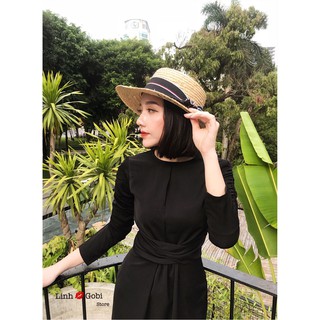 Váy midi lụa đen dúm eo chun tay