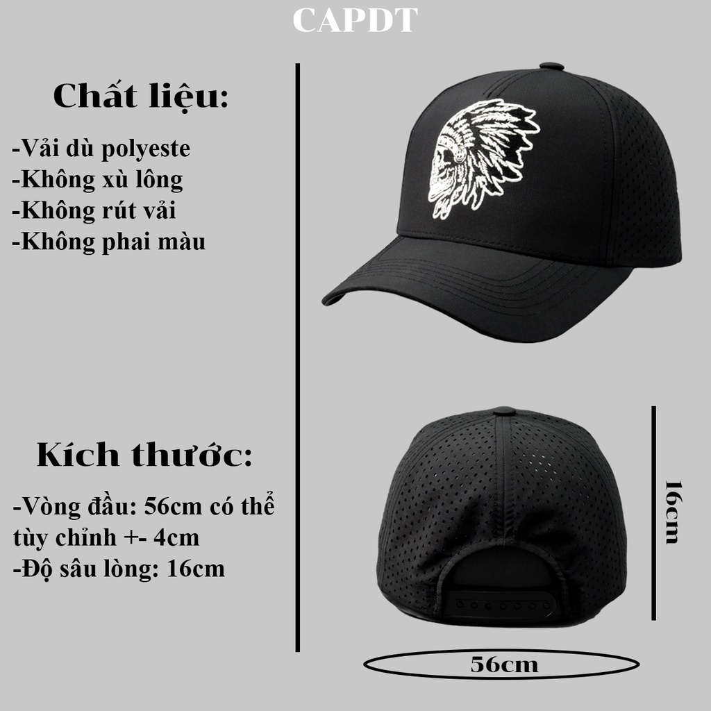 Mũ lưỡi trai chính hãng CAPDT, nón nam nữ unisex trucker thêu logo đầu lâu thổ dân màu đen DT07