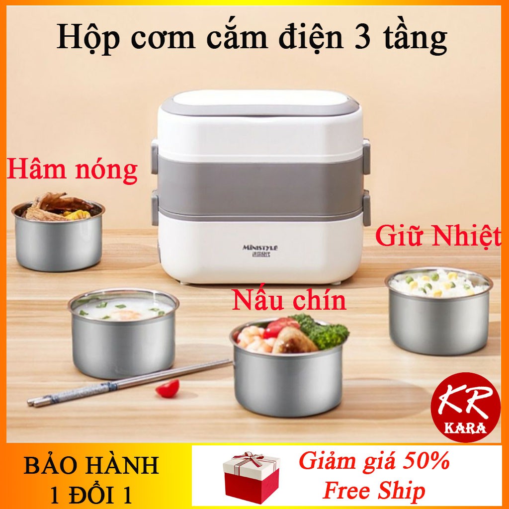 (BH 1 đổi 1) Hộp cơm cắm điện đa năng KR 315- Cắm Điện 3 Tầng, 4 Bát Inox, Giữ Nhiệt, Hâm Nóng Thức ăn- KARA 315
