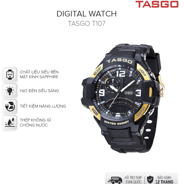 Đồng hồ nam thể thao TASGO mặt kính sapphire chống xước và thiết kế manh mẽ bảo hành 12 tháng T107