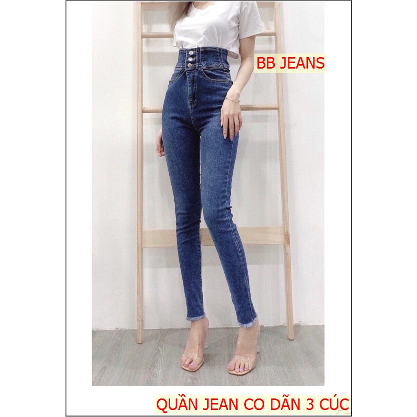 Quần jean nữ xanh trơn lưng cao 3 cúc cao cấp -chất denim co dãn tốt - quần chuẫn shop BB JEANS