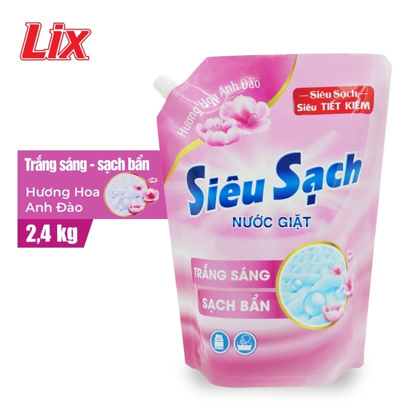 Nước giặt LIX Siêu sạch Hương hoa anh đào (Hồng) túi 2.4KG