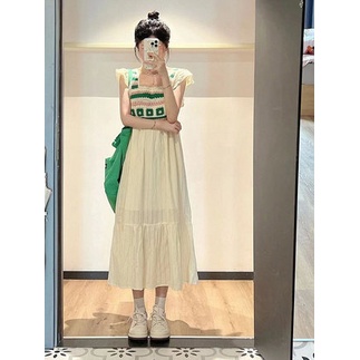 Đầm cổ vuông tay cánh bướm ngắn thiết kế vải đan len độc đáo váy dài dáng suông đơn giản nữ tính
