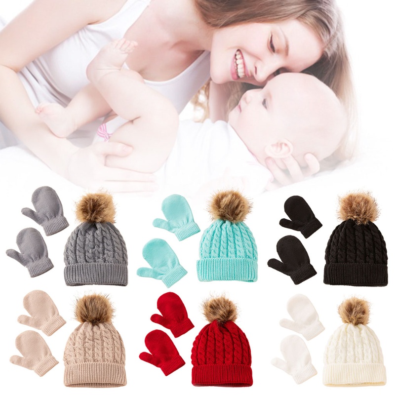 Bộ mũ bóng lông và găng tay dệt kim giữ ấm mùa đông màu trơn cho em bé