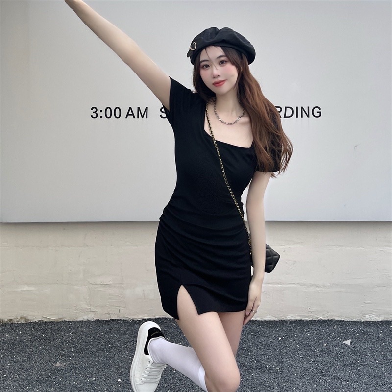 Đầm Body Xẻ Tà Cổ Vuông- Váy Body Xẻ Tà Chất Thun Gân size SML