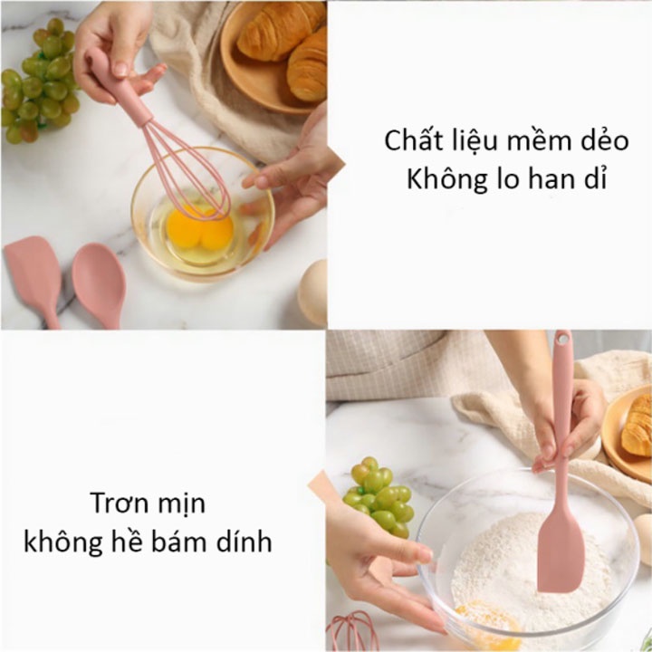 Bộ dung cụ nhà bếp nấu ăn 8 món có khay đựng- Set 8 món dụng cụ làm bánh bằng silicon cao cấp chịu nhiệt cao, chống trầy