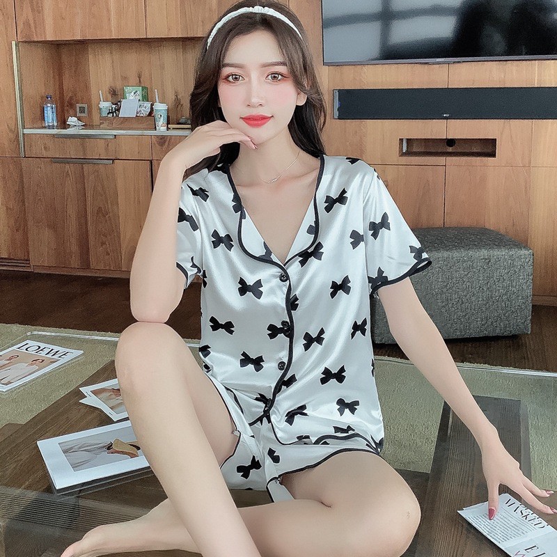 Bộ Đồ Mặc Nhà⚡️FREESHIP⚡️ Pijama lụa cao cấp mẫu 2021 Nơ xinh xắn- Bộ ngủ thoáng mát mềm mịn quần đùi lụa Latin