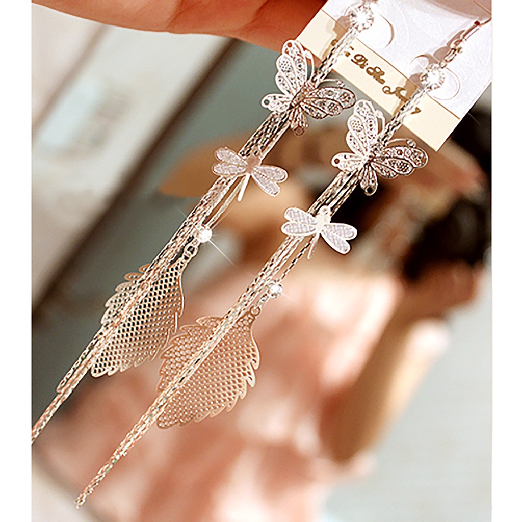 Bông tai thời trang dáng dài kiểu tua rua với họa tiết chuồn chuồn đáng yêu