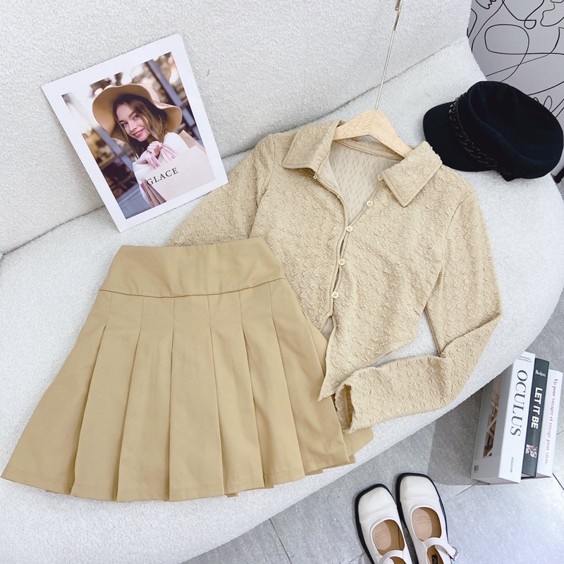 SET ÁO XỐP SƠ MI TÀ NHỌN NÚT + CHÂN VÁY XẾP LY