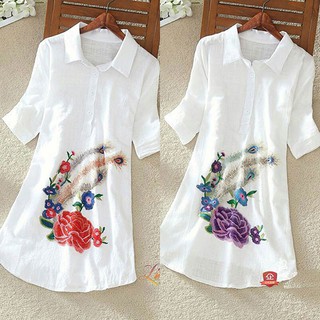 Áo Sơ Mi Nữ Form Dài Hoa Đuôi Công