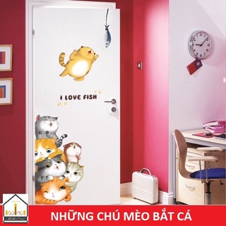 Decal dán tường mèo bắt cá - trang trí phòng bé