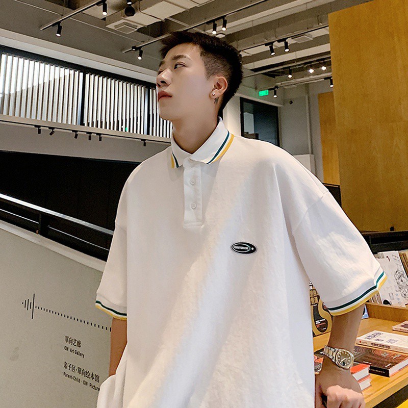 Áo thun polo ngắn tay dáng rộng kẻ sọc thời trang Hàn Quốc cho nam