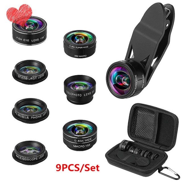 9 in 1 Phone Camera Lens 2X Zoom Lens + 0.36X Super Wide Angle Lens + 198° Fisheye Lens + 15X & 20X Macro Lens + CPL + Kaleidoscope Lens + Starburst Lens for Smartphones