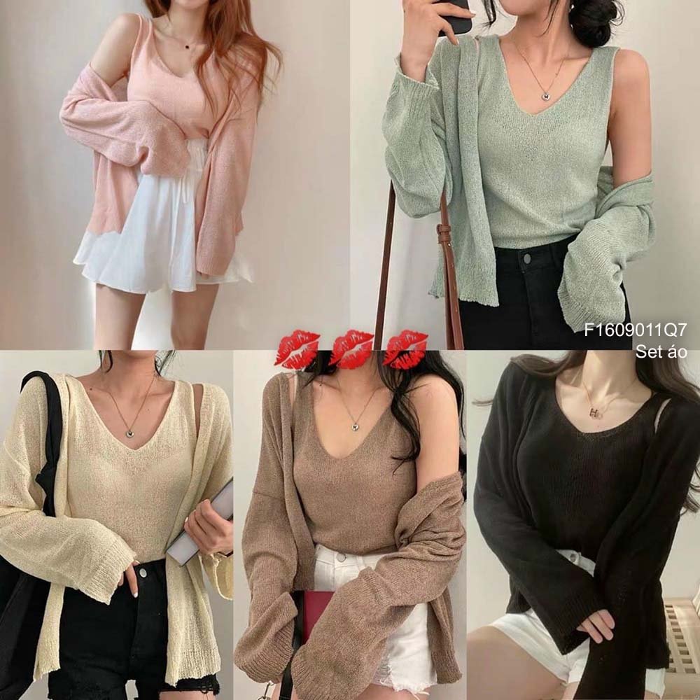 Set áo len cặp áo khoác cardigan tay dài kèm áo sát nách hàng QC!