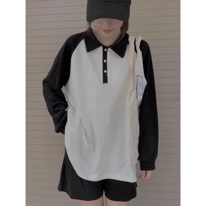[Xa Kho] [Xa kho] Set Polo Nữ Form Rộng Phối Raplang , Bộ Thể Thao Tay Dài Áo Cổ Đức Tay Dài Kèm Quần Short Năng Động