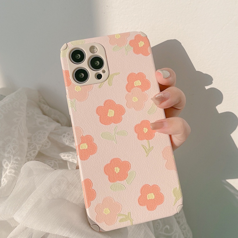 Ốp điện thoại da mềm bảo vệ camera họa tiết hoa màu hồng thích hợp cho iPhone 13 mini 12 pro max 11 x xs xr 8 7 plus