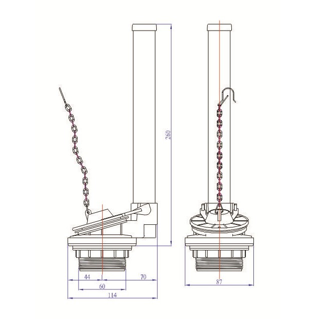 Bộ xả thùng nước tay gạt VS0103 piston chiều cao trụ xả 260mm dùng cho bồn cầu 2 khối két rời (chon 1 trong 04 tay gạt)