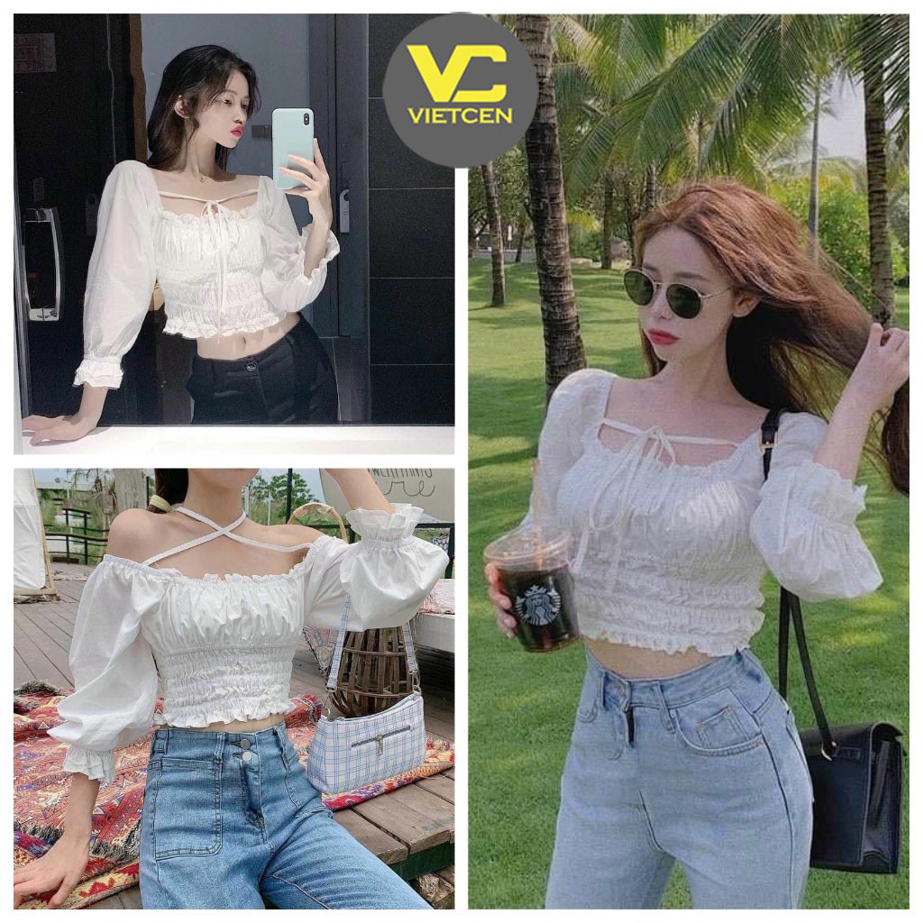 Áo croptop ôm kiểu tay phồng VIETCEN áo croptop tay dài ôm bèo nhún