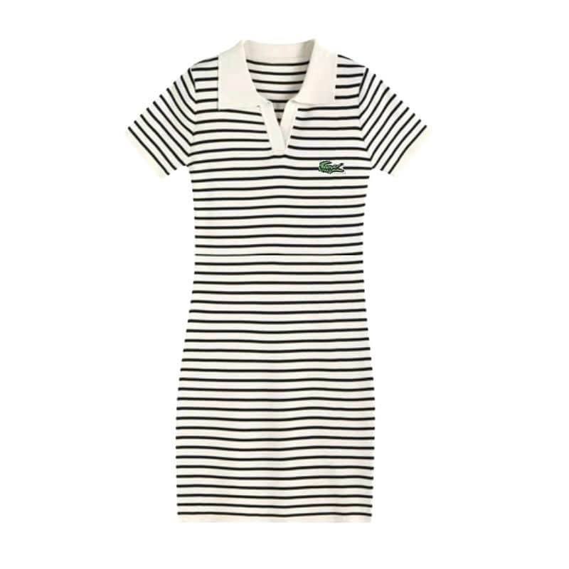 Váy polo nữ, đầm polo nữ suông L.a.c.o.s.t.e kẻ ngang đen trắng trẻ trung | BigBuy360 - bigbuy360.vn