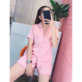 ( Freesize Lụa ) Đồ Bộ Pijama Lụa viền bèo - Tay Ngắn Quần Ngắn