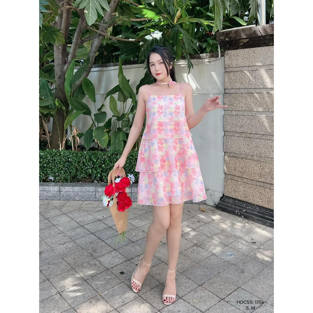 Đầm tầng 2 dây hoa cổ chất voan hoa dể thương CHIBEST HDC55
