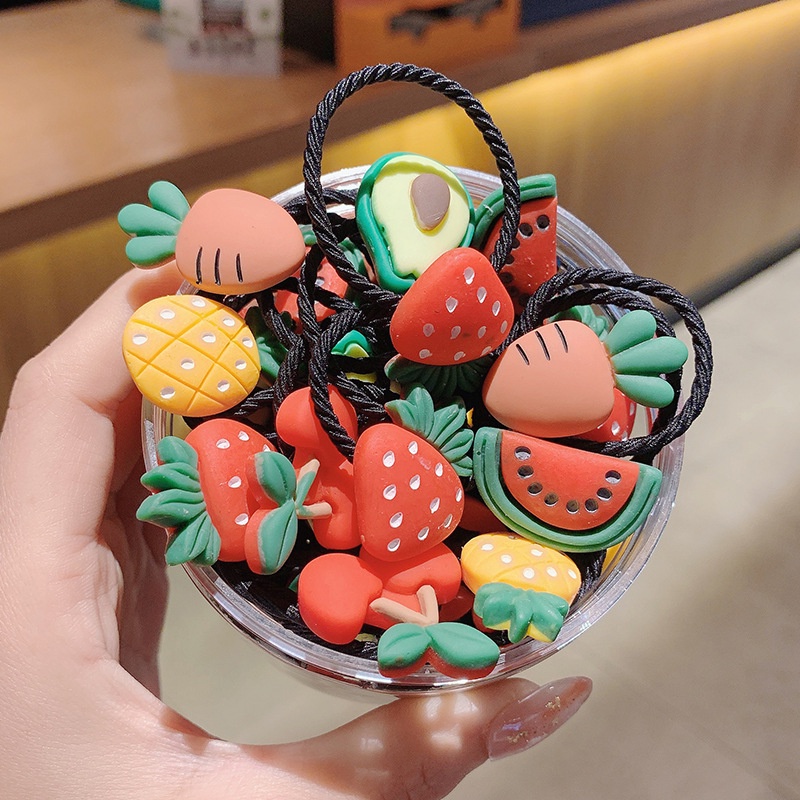 Dây Buộc Tóc Cao Su Co Giãn Phối Lưới Họa Tiết Trái Cây Hoạt Hình Đơn Giản Vui Nhộn Phong Cách Hàn Quốc Cho Bé Gái