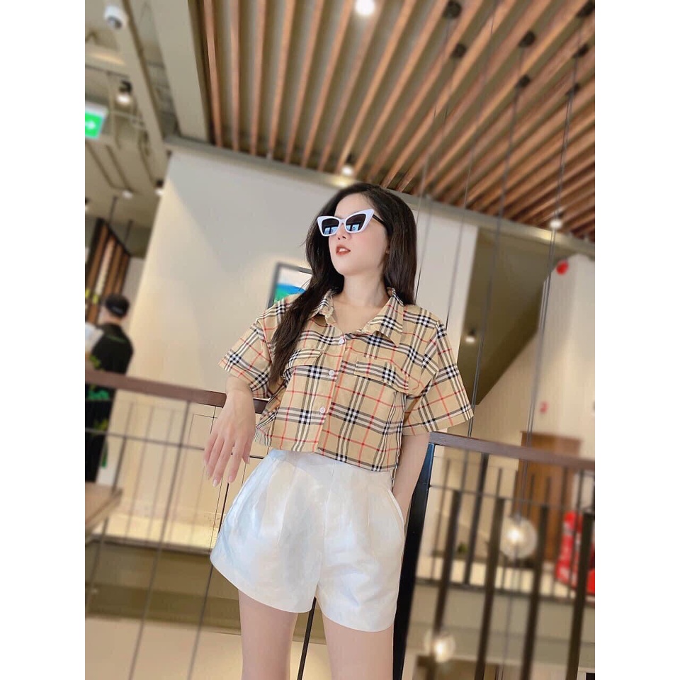 Áo sơ mi coptop kẻ Caro BBR dáng croptop dáng ngắn chất lụa mềm siêu đẹp, áo croptop thời trang