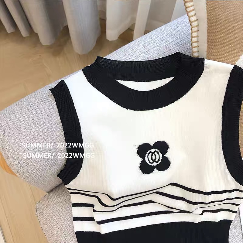 622201#Áo Dệt Kim Mỏng Màu Trắng Họa Tiết Kẻ Sọc Màu Tương Phản Thời Trang Mùa Hè Cho Nữ