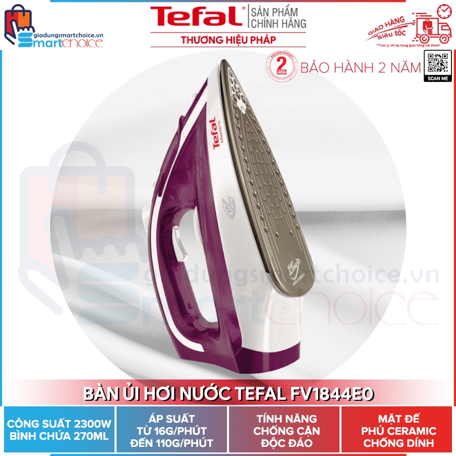 Bàn ủi hơi nước Tefal FV1844E0, Đế phủ ceramic chống dính, hàng chính hãng, bảo hành 2 năm