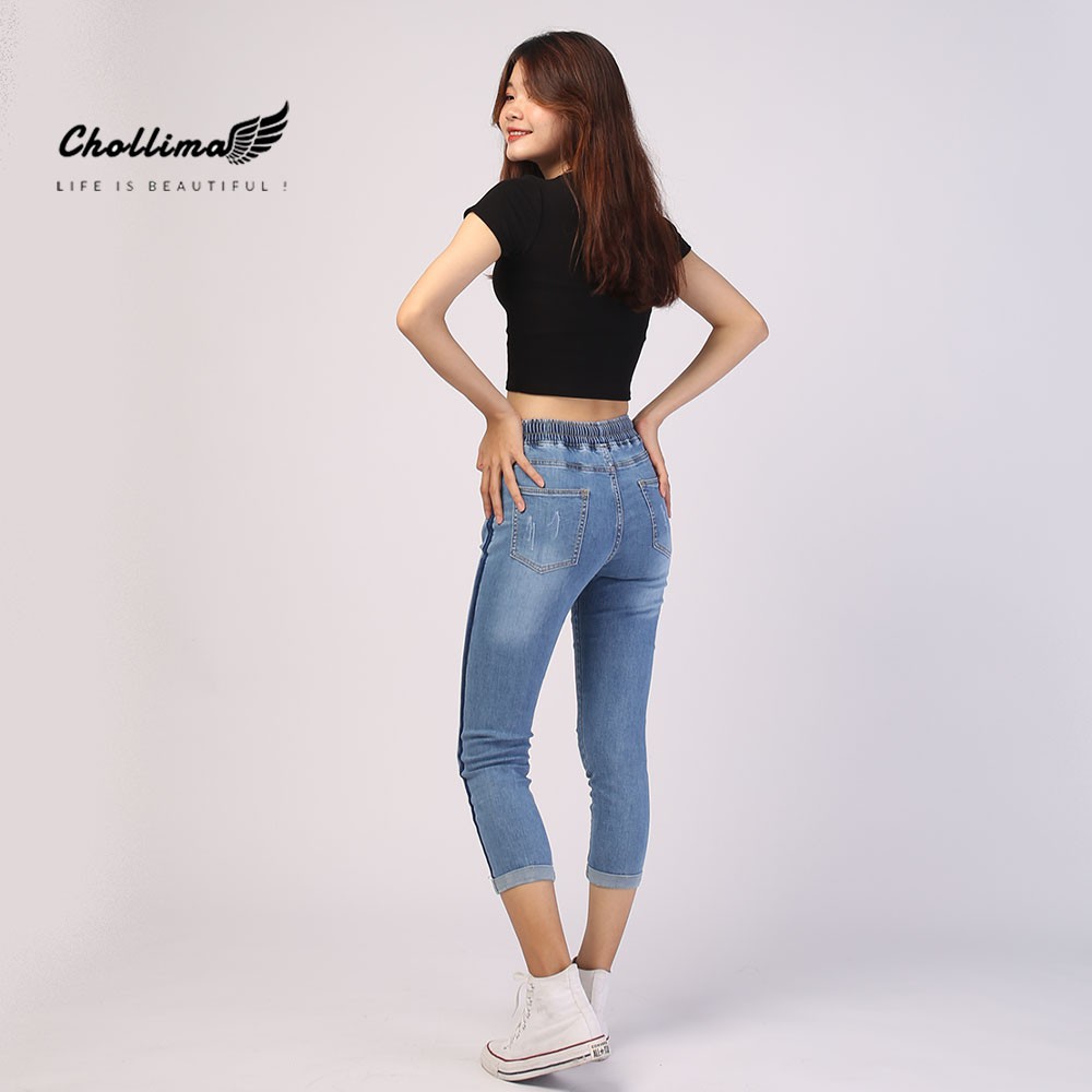 Quần jeans nữ lưng thun Chollima 2 viền màu xanh nhạt QD019 - Quần bò 9 tấc lưng thun | BigBuy360 - bigbuy360.vn