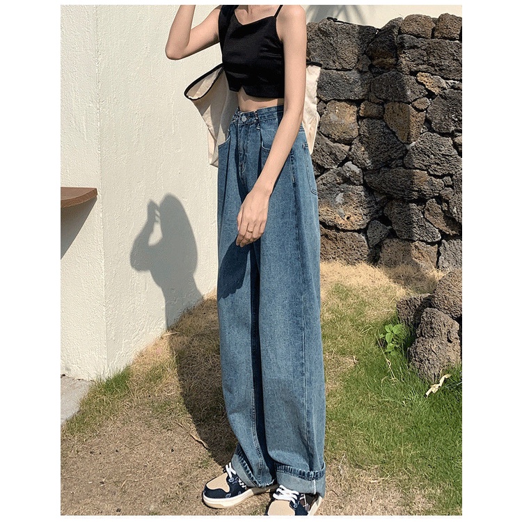 Quần Jean Ống Rộng Lưng Cao Màu Xanh Dương 2022 Thời Trang Xuân Thu Phong Cách Mới Cho Nữ